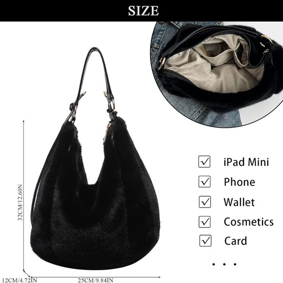 Soft Plush Faux Fur Handbag - Spacious Winter Bag with Adjustable Strap - Picture 4 of 7